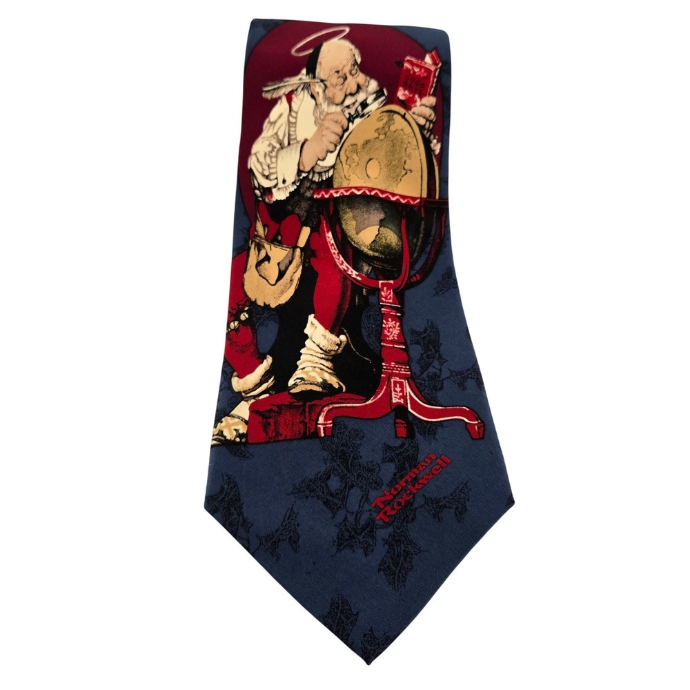 Norman Rockwell Mens Silk Necktie Santa at the Globe Christmas Holiday Navy Blue